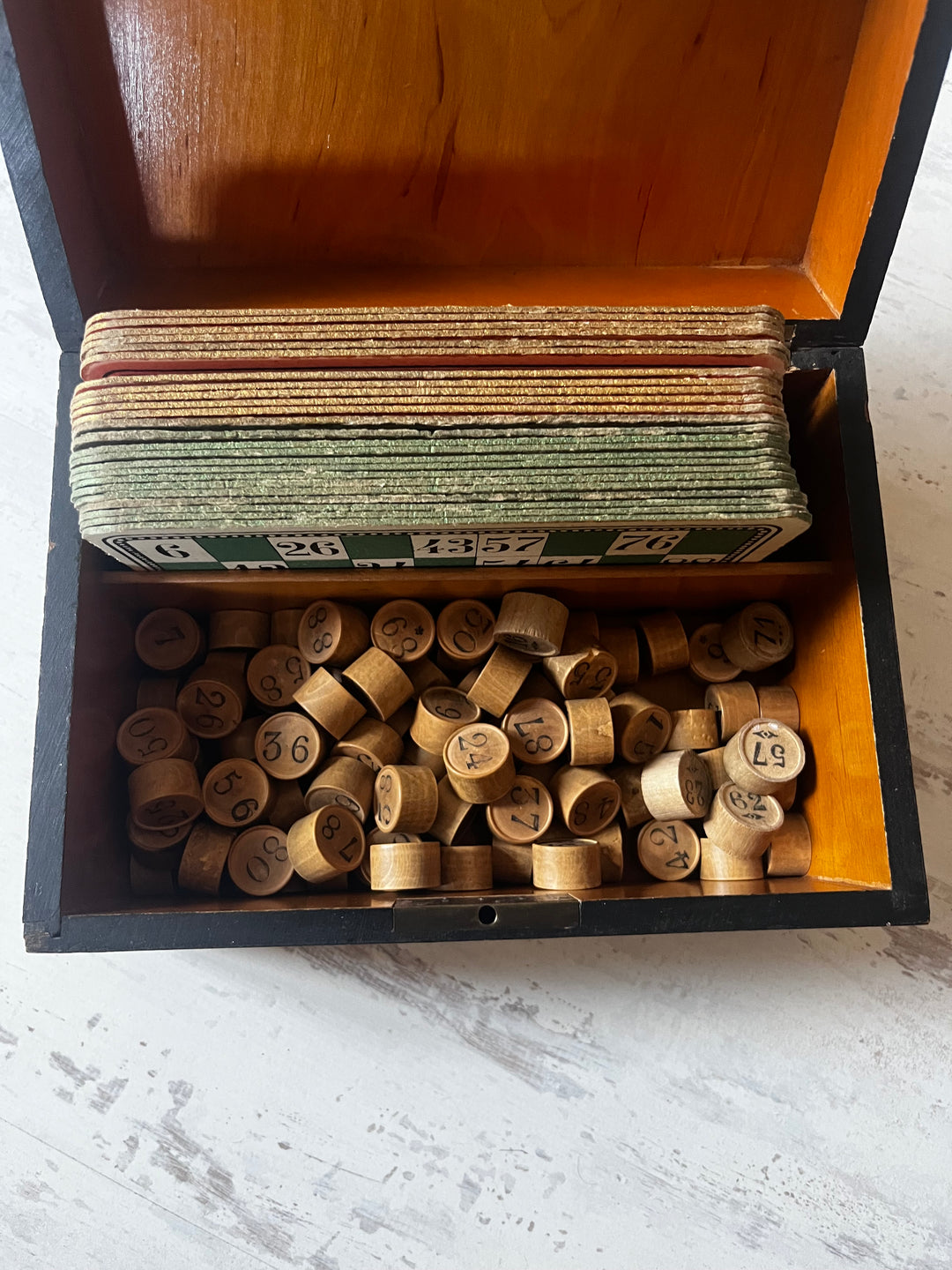 Boîte de jeu de loto en bois vintage 1910/1930