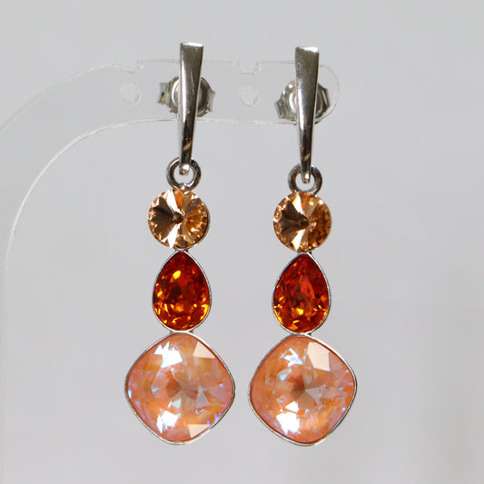 Earrings, Swarovski crystals, rhodied silver, orange, art-deco