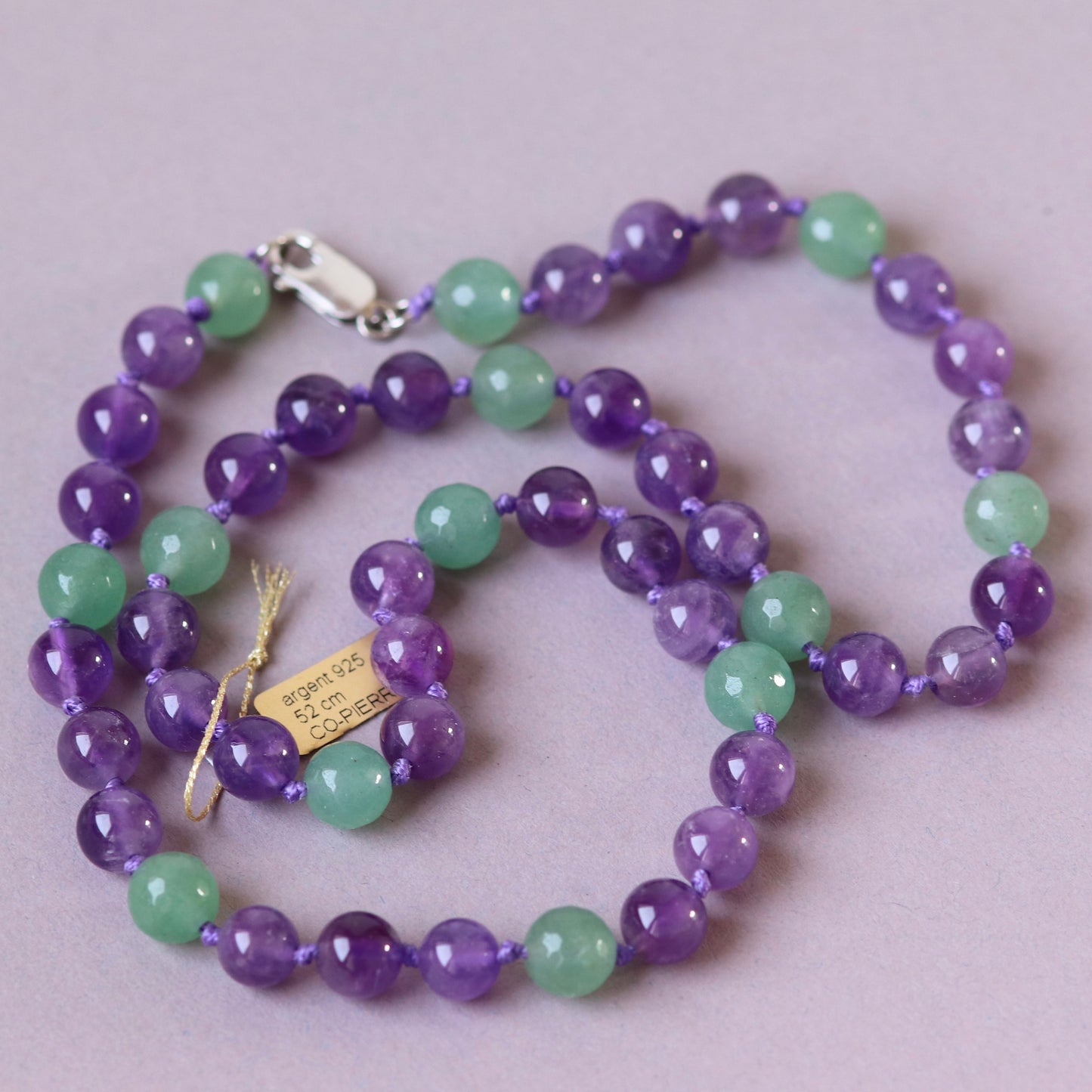 Natural stone knotted necklace (amethyst, green aventurine) 48 cm