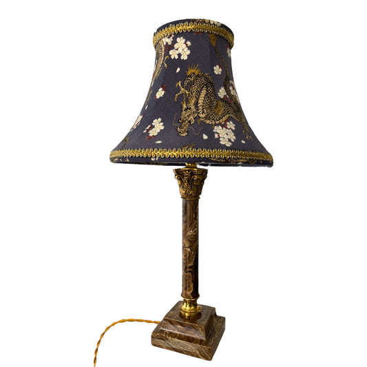 Onyx lamp with a pagoda lampshade in Japanese fabric with dragons, blue-brown color