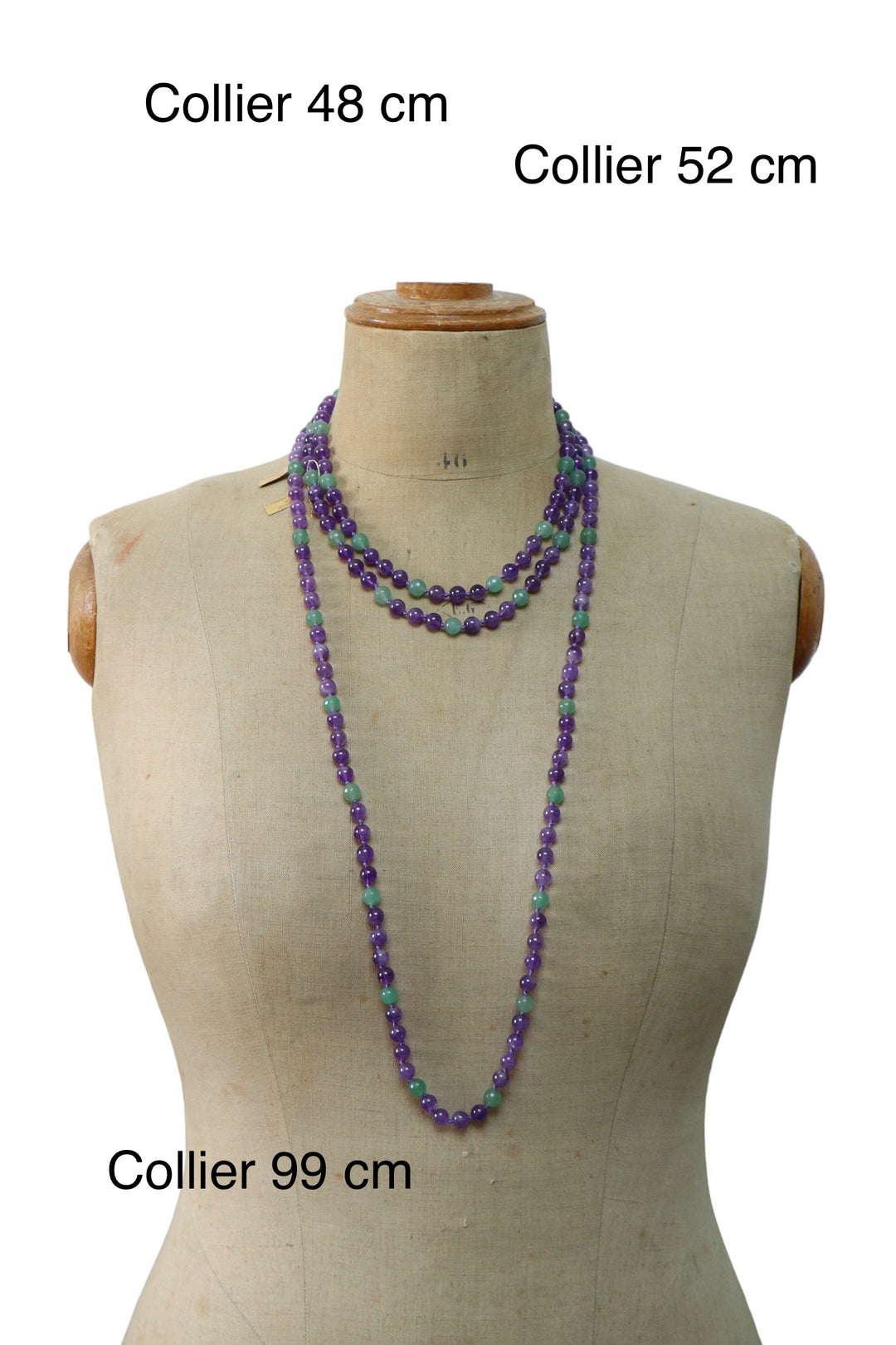 Long necklace with knots in natural stones (amethyst, green aventurine) 99 cm