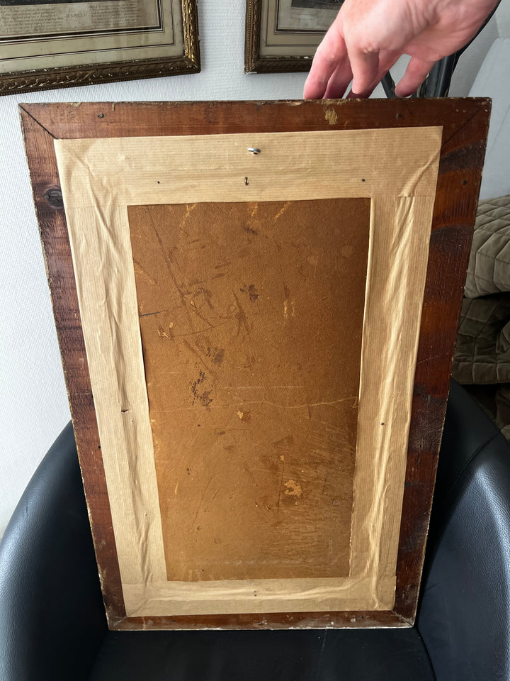 framed engraving by the lake