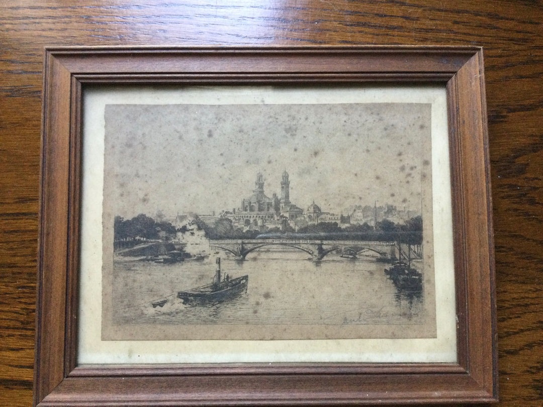 Rare Eau forte du Trocadéro et bateau à vapeur par Lucien Gautier