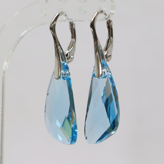 Earrings, Swarovski crystals, golden silver, light blue, wing