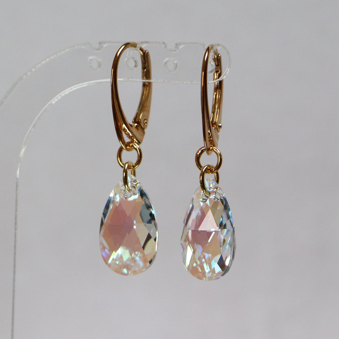 Earrings, Swarovski crystals, golden silver, AB crystal, tears