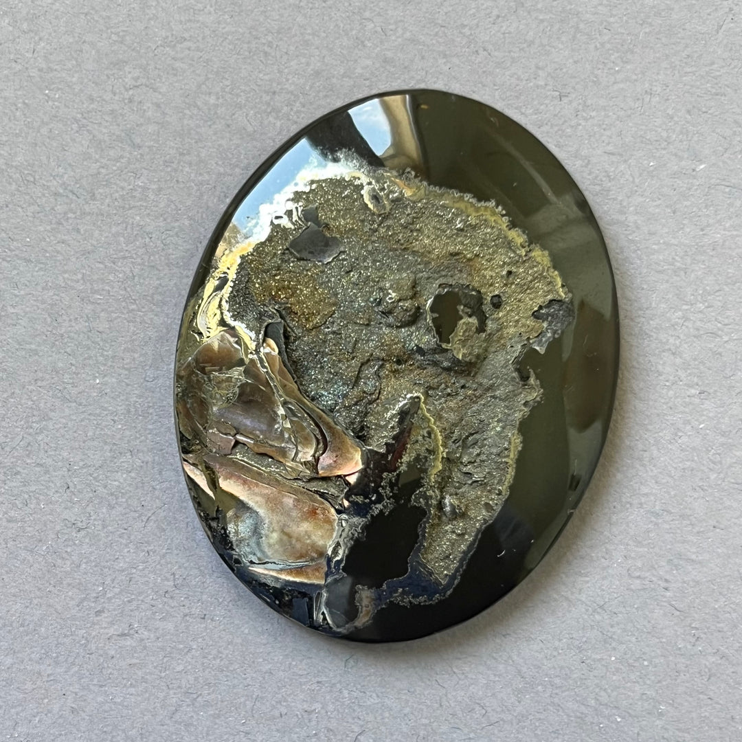 Pyritized ammonite, AM_P179, cabochon cut, 48x38x7 mm