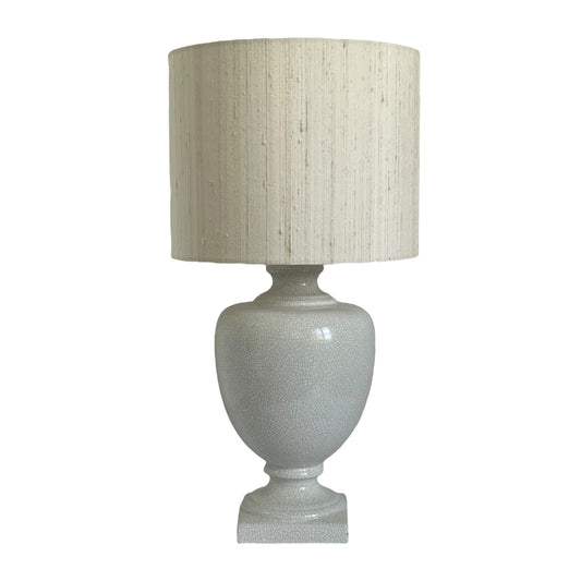 Vintage crackled ceramic lamp with a fabric lampshade, white-blue color