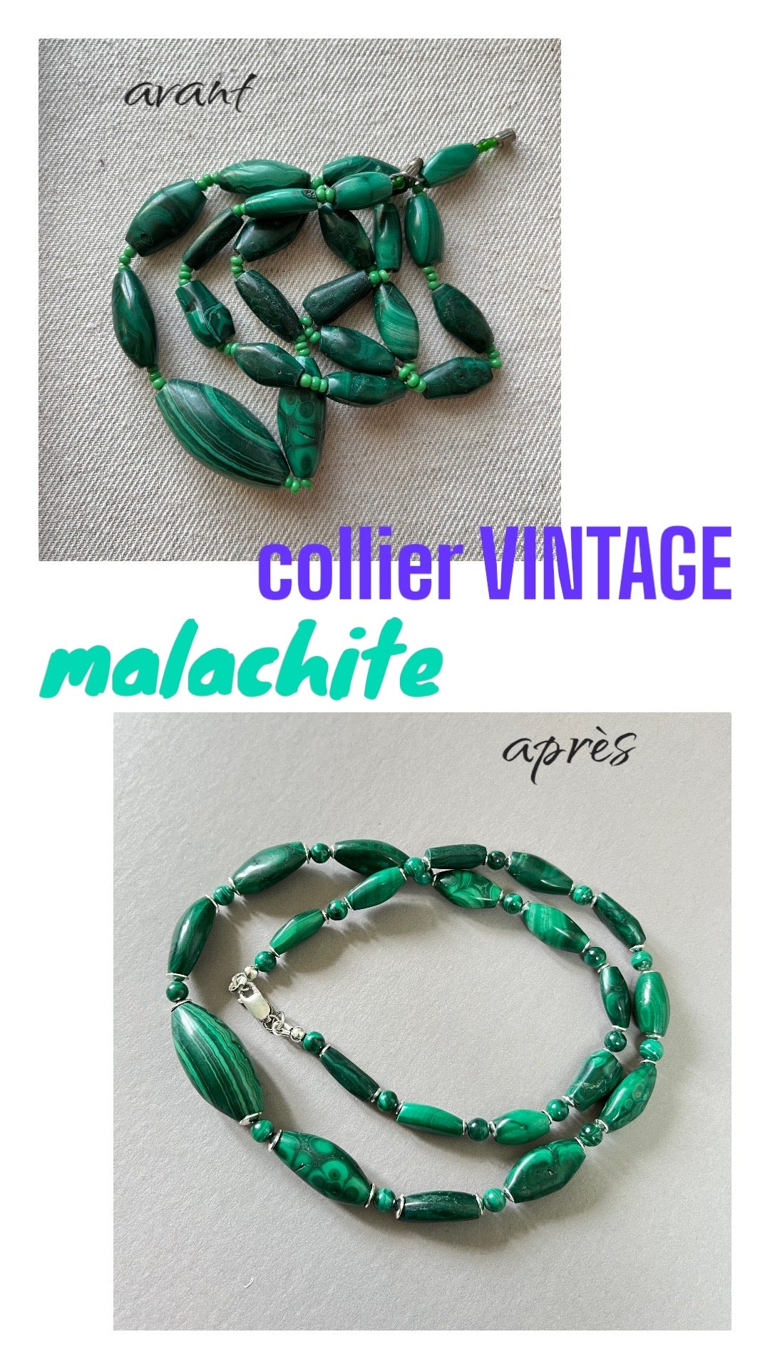 Collier sur fil câblé en pierres naturelles, malachite, bijoux vintage modernisé,  argent, 62 cm