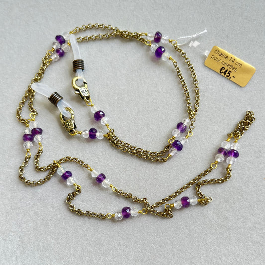 Chain for glasses and sunglasses, in brass with natural stones, 74 cm, amethyst and topaz
