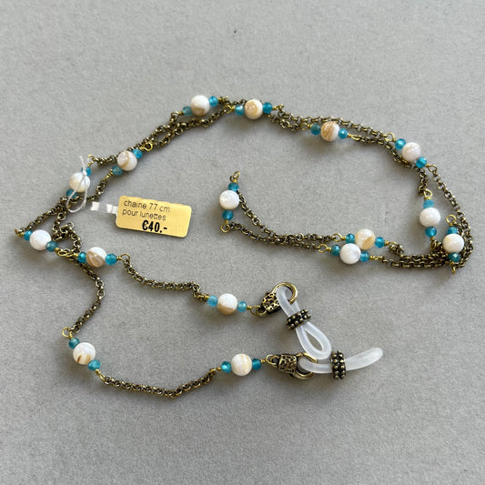 Chain for glasses and sunglasses, in brass with natural stones, 77 cm, mother-of-pearl and apatite