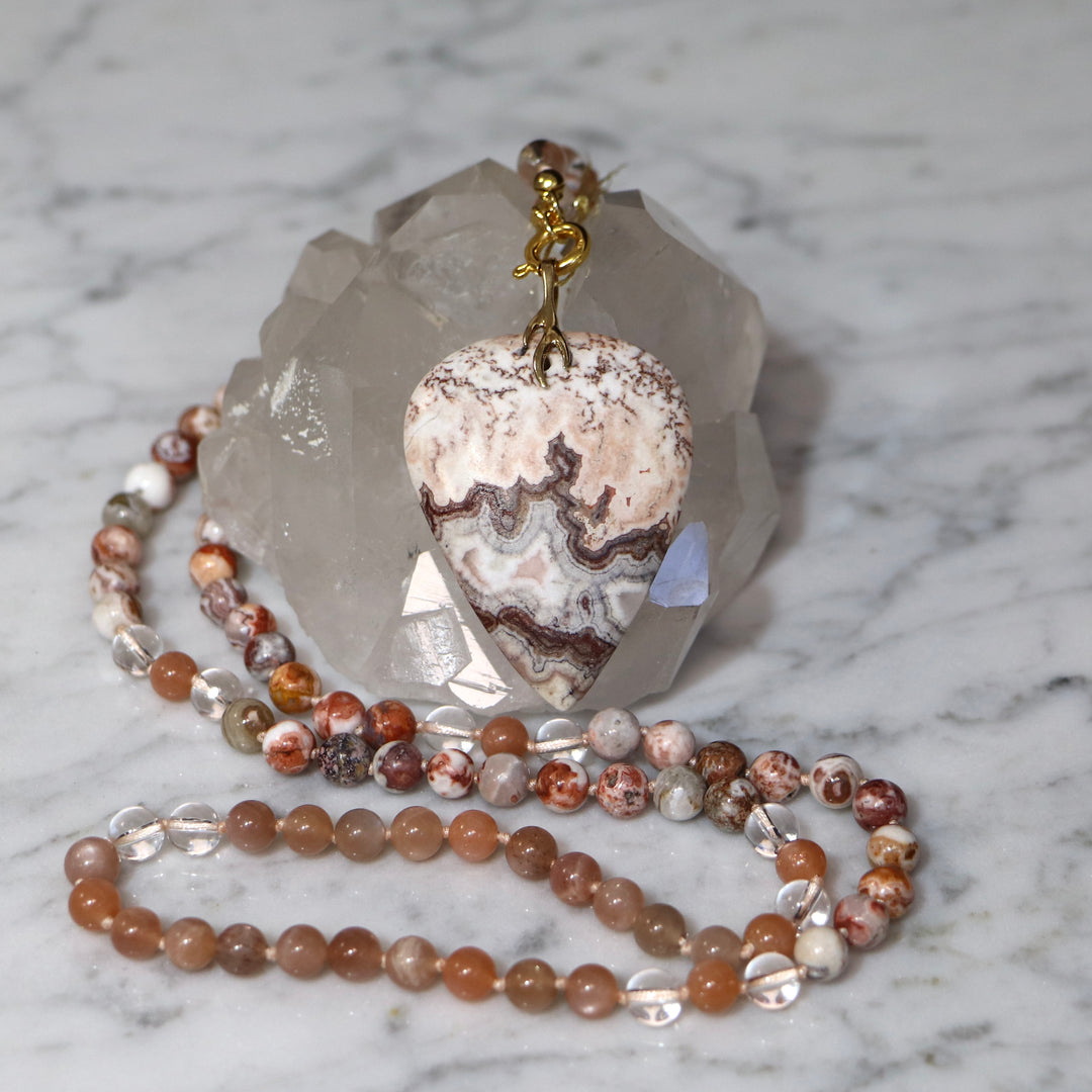 Collier MALA en agate et pierre de lune avec Pendentif en agate ´crazy lace´