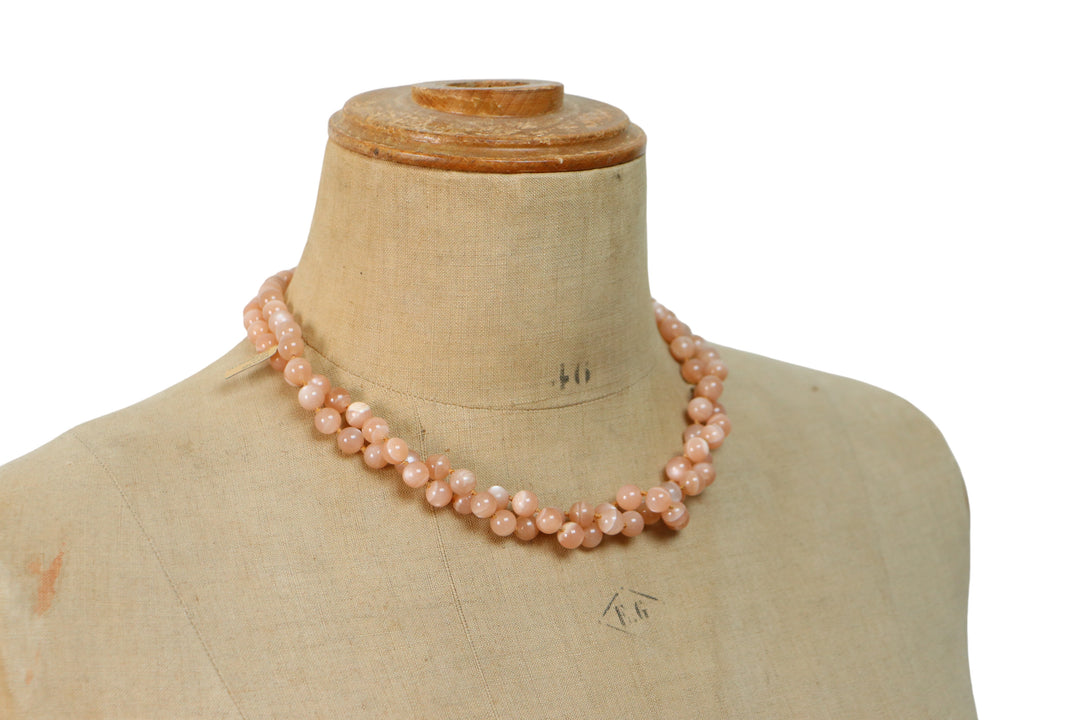 Long necklace with knots in natural stones (pink moonstone, Mala) 104 cm