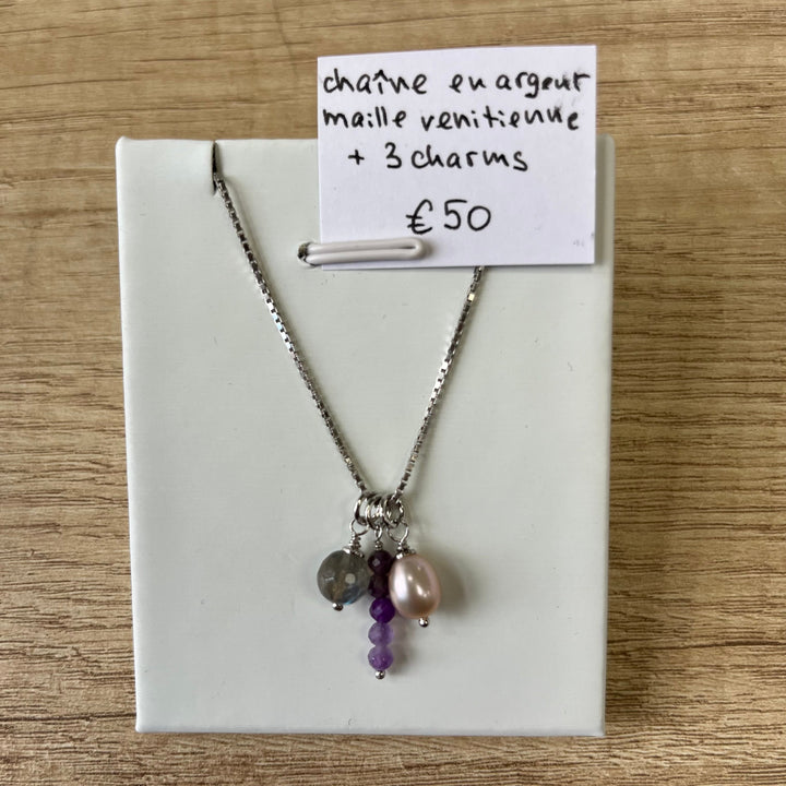 Charm (mini pendant) in rhodiated silver with natural stones - aquaprase - 10