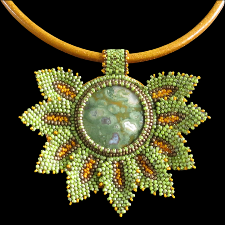 Embroidered necklace with rhyolite jasper