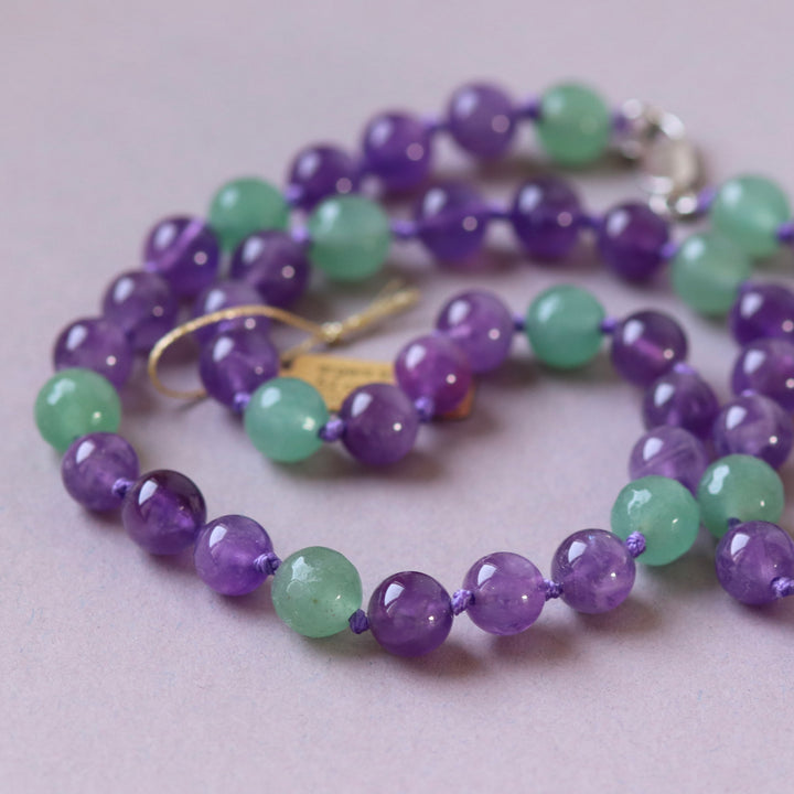 Natural stone knotted necklace (amethyst, green aventurine) 52 cm