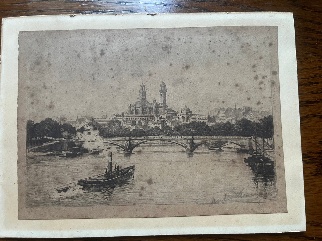 Rare Eau forte du Trocadéro et bateau à vapeur par Lucien Gautier