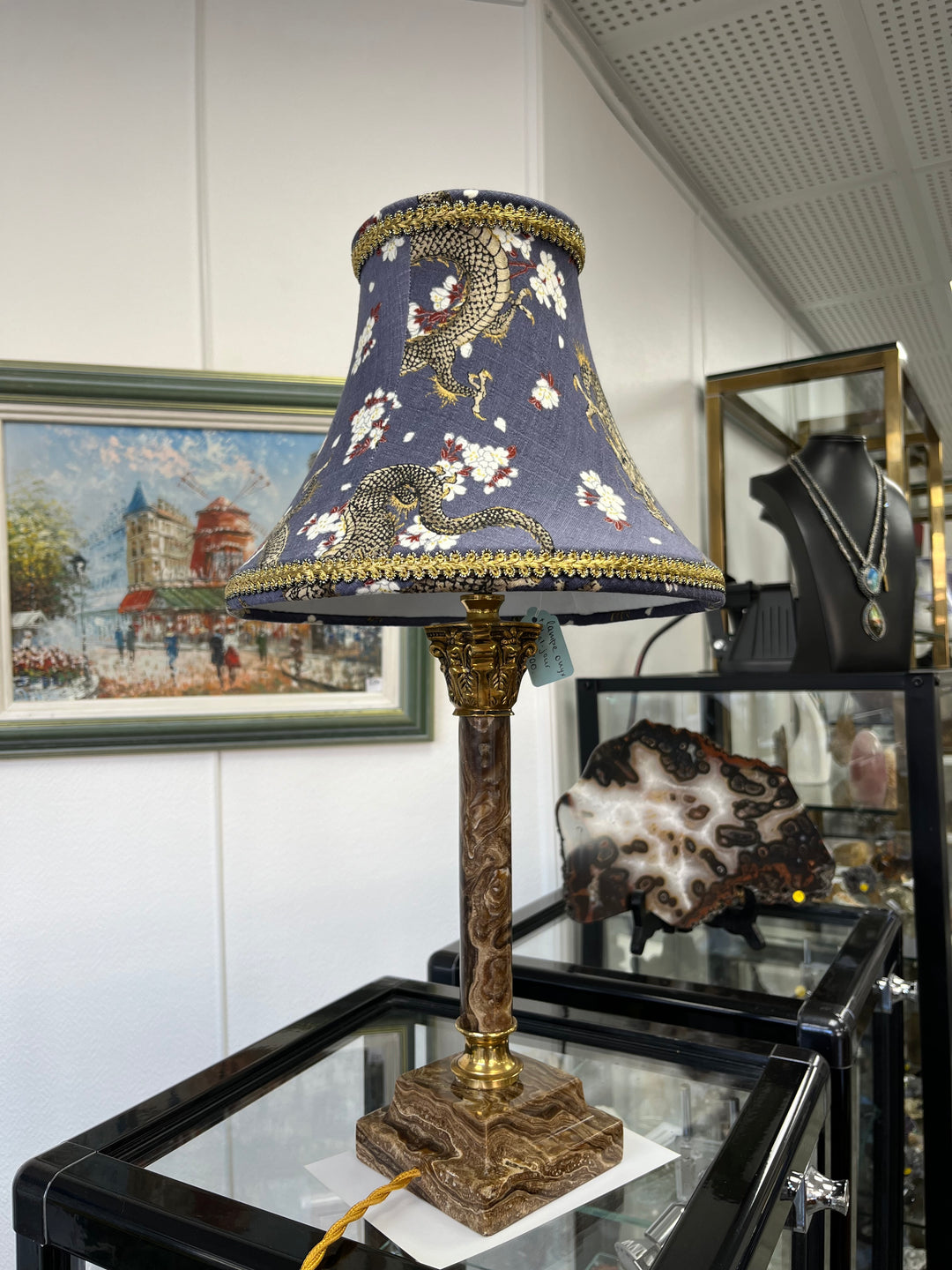 Onyx lamp with a pagoda lampshade in Japanese fabric with dragons, blue-brown color