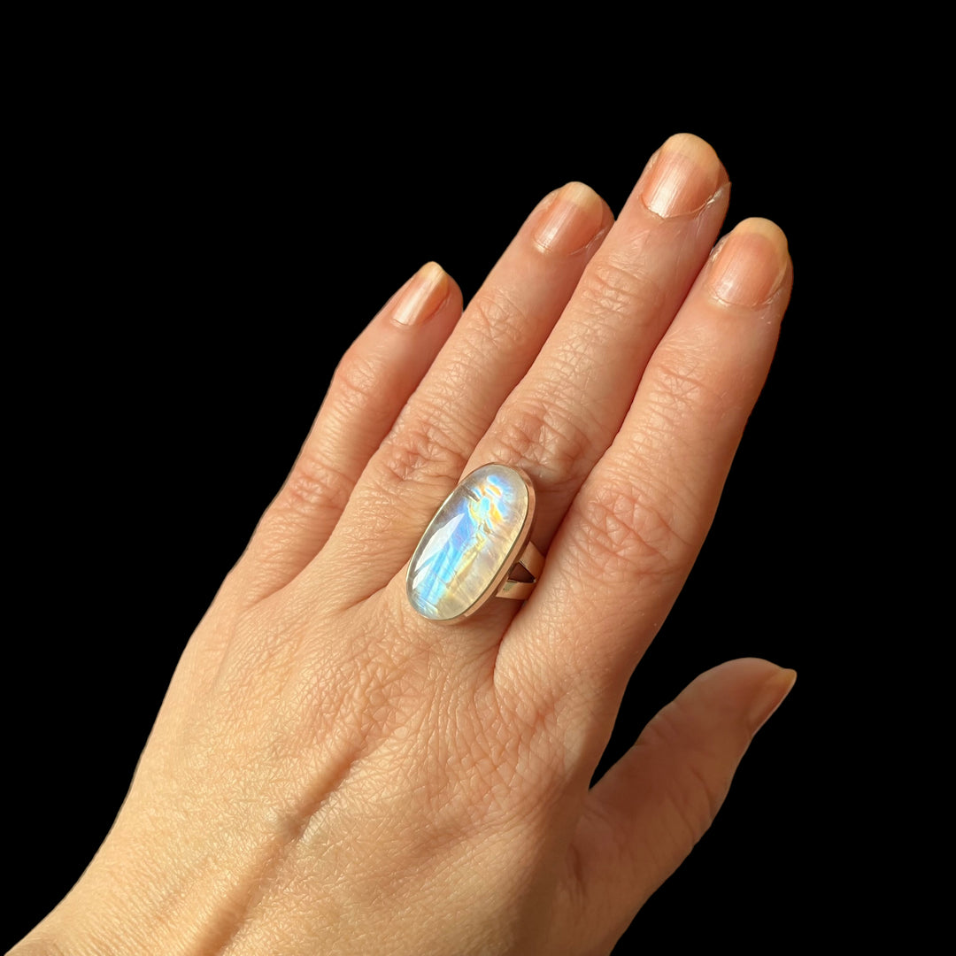 Ring with peristerite (white labradorite) in silver - size 55 - BS019