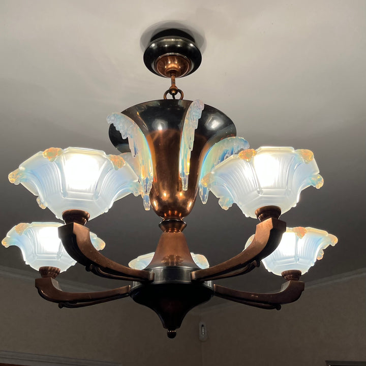 Kronleuchter Art Deco Copper 5 Lichter Opeal Kuhecent Ezan Petitot