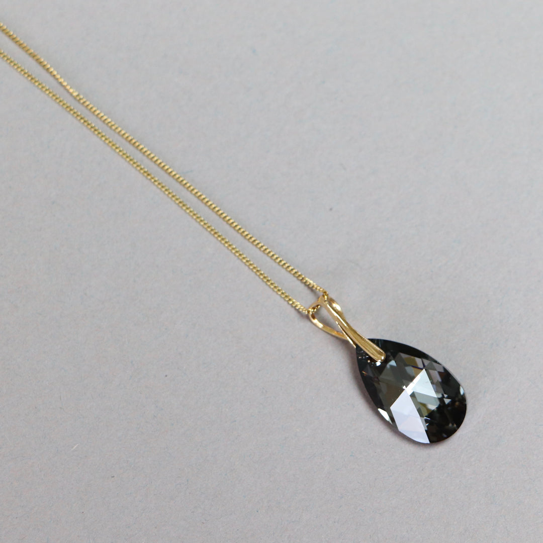 Pendant (large drop) with or without chain, Swarovski crystals, golden silver, tear, silver gray collection