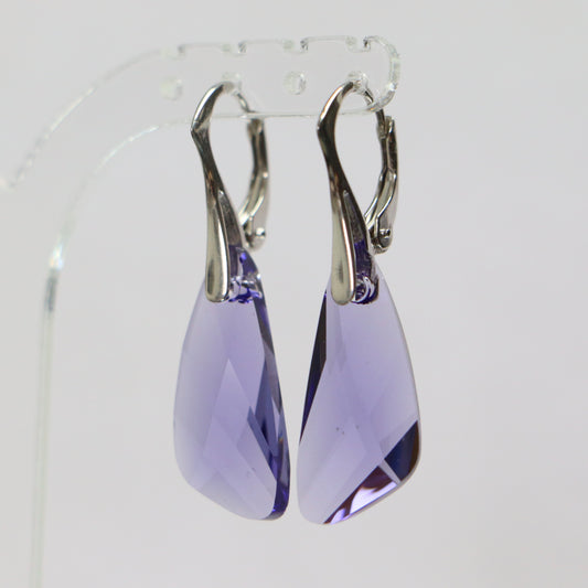 Earrings, Swarovski crystals, golden silver, tanzanite blue, wing