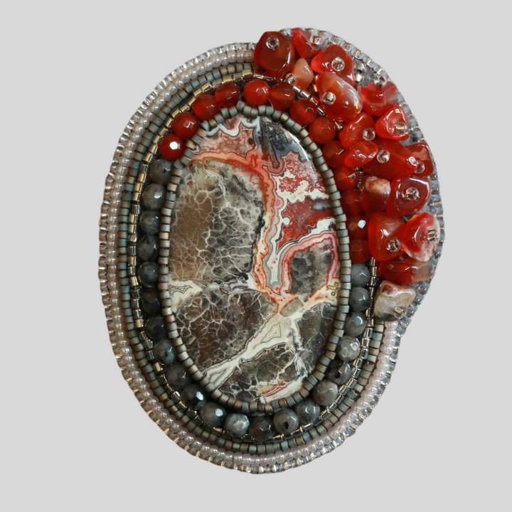 Embroidered brooch, CRAZY LACE agate, black/grey/red