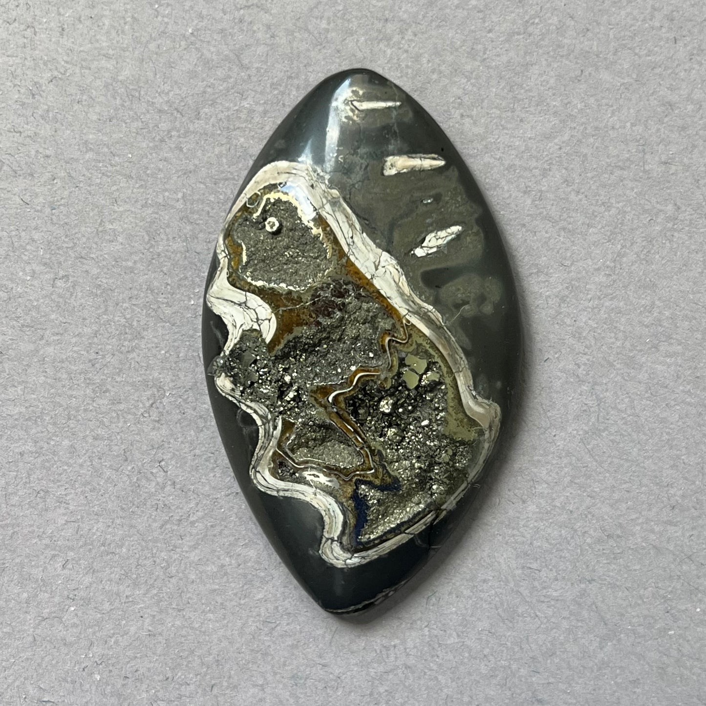 Pyritized ammonite, AM_P302, cabochon cut, 47x28x8 mm