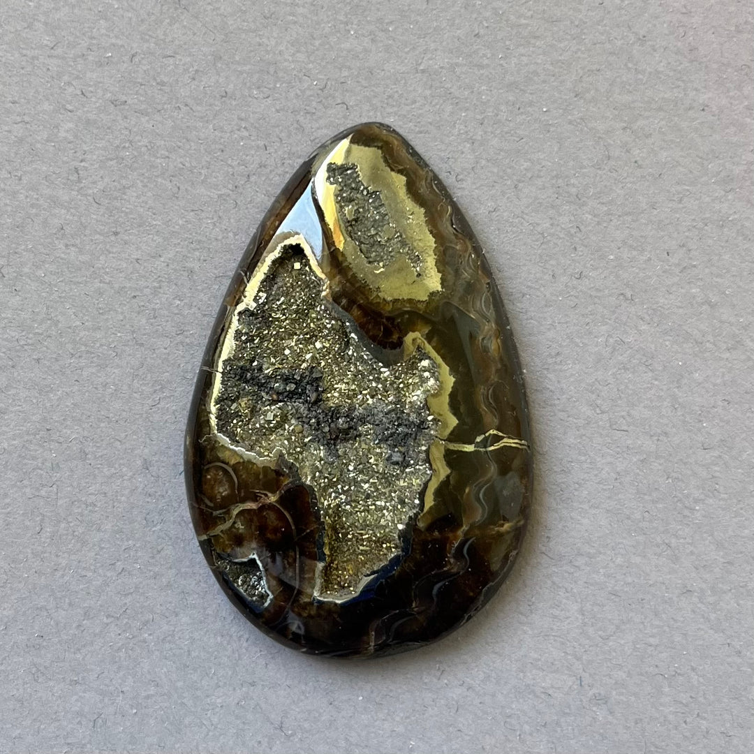 Pyritized ammonite, AM_P097, cabochon cut, 47x30x6 mm