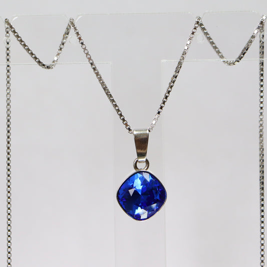 Pendant, Swarovski crystals, rhodied silver, blue, manon