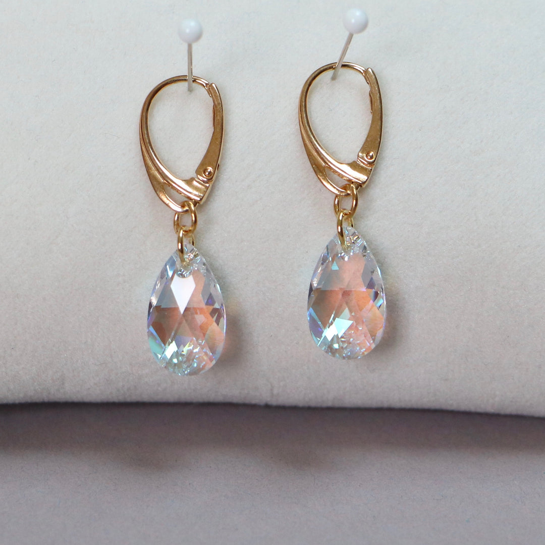 Earrings, Swarovski crystals, golden silver, AB crystal, tears