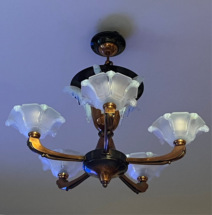 Chandelier Art Deco Copper 5 lights Opeal Domescent Ezan Petitot