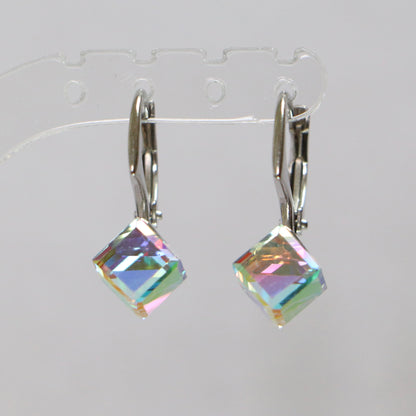 Boucles d'oreilles, cristaux Swarovski, argent rhodié, cristal AB, CUBIC