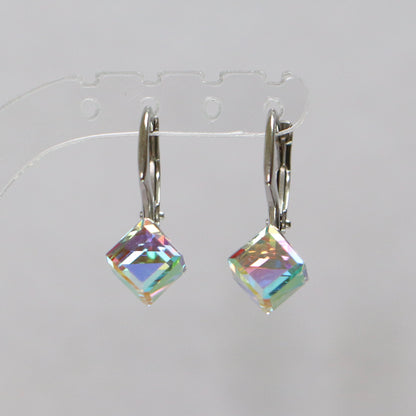 Boucles d'oreilles, cristaux Swarovski, argent rhodié, cristal AB, CUBIC