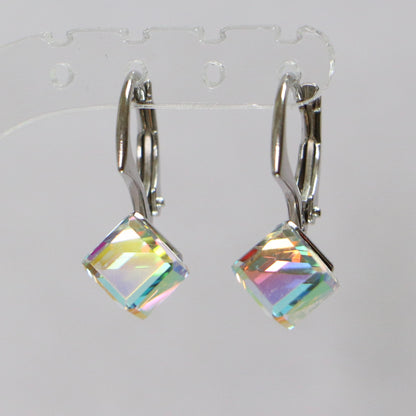 Boucles d'oreilles, cristaux Swarovski, argent rhodié, cristal AB, CUBIC