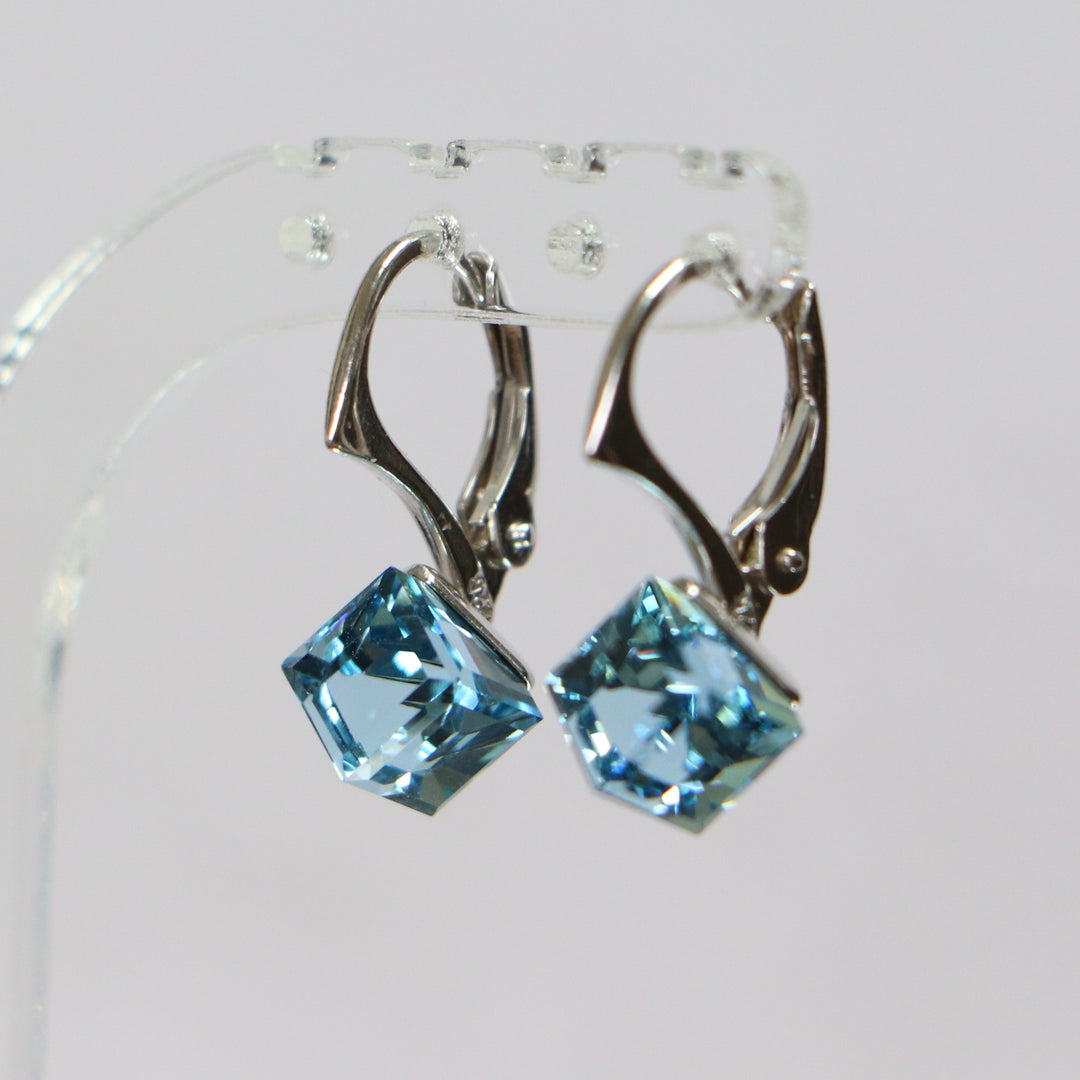 Boucles d'oreilles, cristaux Swarovski, argent rhodié, bleu aquamarine, CUBIC