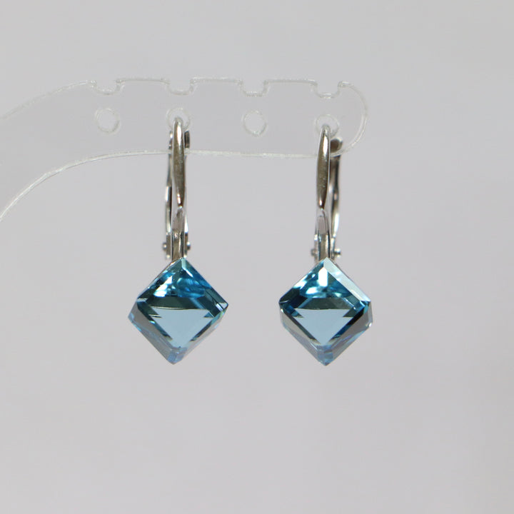 Boucles d'oreilles, cristaux Swarovski, argent rhodié, bleu aquamarine, CUBIC