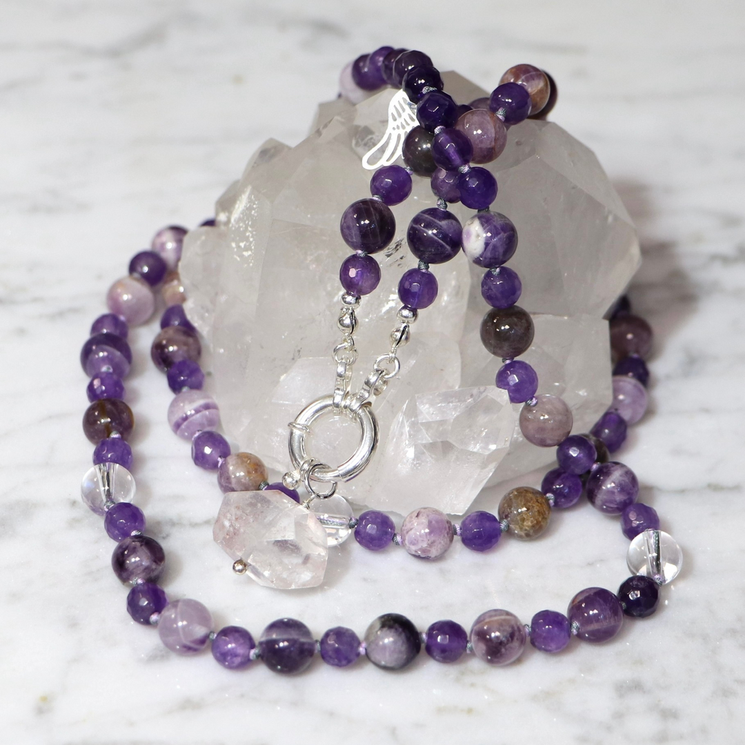 Collier MALA en améthyste et Pendentif en quartz