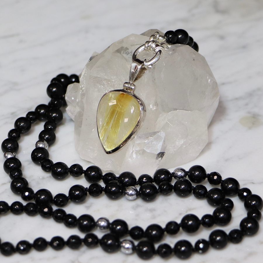 Collier MALA en tourmaline noire, onyx et hématite et Pendentif en quartz rutile