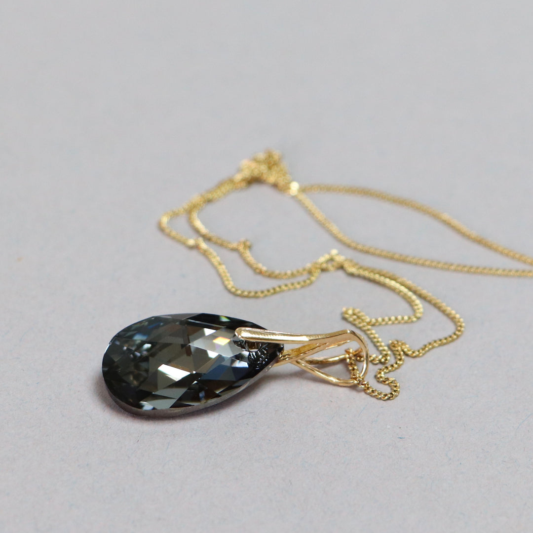 Pendant (large drop) with or without chain, Swarovski crystals, golden silver, tear, silver gray collection