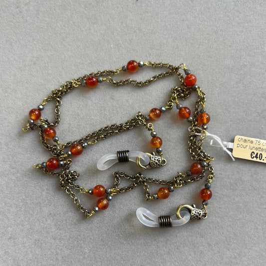 Chain for glasses and sunglasses, in brass with natural stones, 75 cm, carnelian and hematite