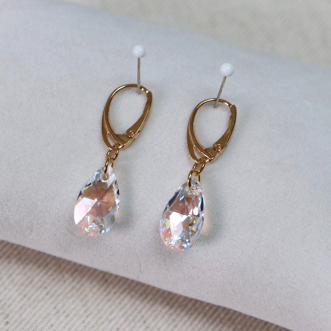 Earrings, Swarovski crystals, golden silver, AB crystal, tears