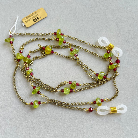 Chain for glasses and sunglasses, in brass with natural stones, 80 cm, peridot and garnet