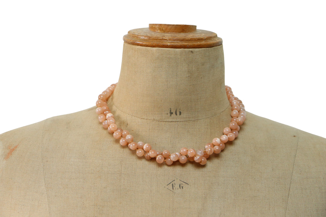 Long necklace with knots in natural stones (pink moonstone, Mala) 104 cm