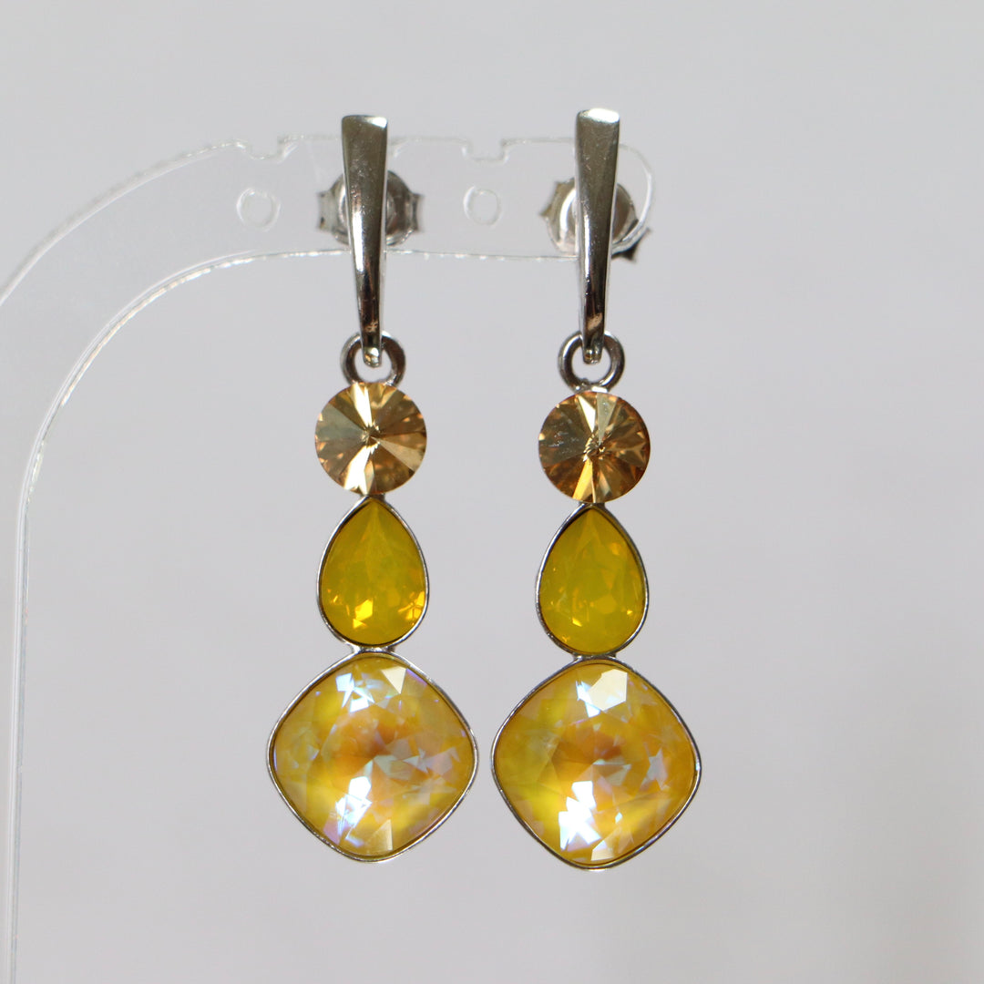 Boucles d'oreilles, cristaux Swarovski, argent rhodié, jaune, ART-DECO