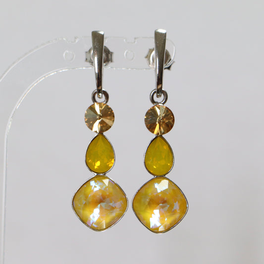 Earrings, Swarovski crystals, rhodied silver, yellow, art-deco