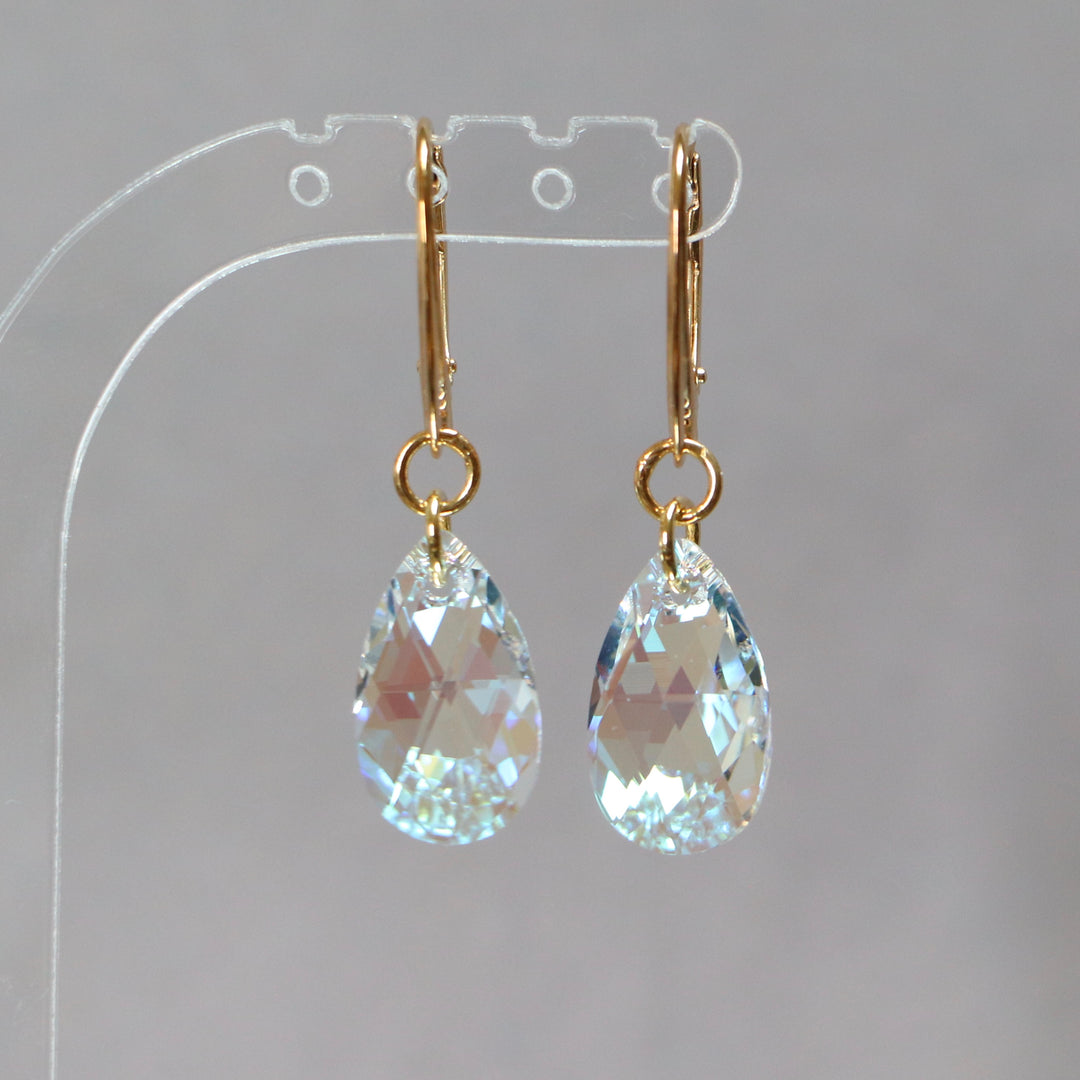 Earrings, Swarovski crystals, golden silver, AB crystal, tears