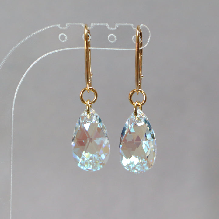 Earrings, Swarovski crystals, golden silver, AB crystal, tears