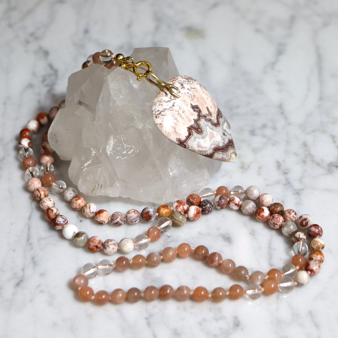 Collier MALA en agate et pierre de lune avec Pendentif en agate ´crazy lace´