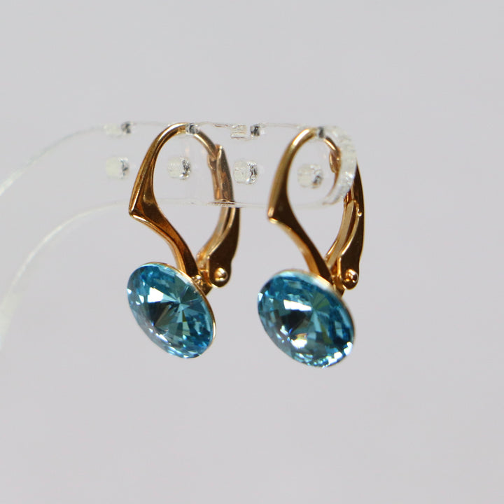 Boucles d'oreilles, dormeuse, cristaux Swarovski, argent doré, bleu aigue marine, EMI