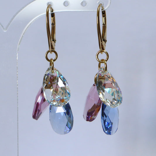 Boucles d'oreilles avec cristaux Swarovski, argent doré, bleu clair/violet, FLEUR